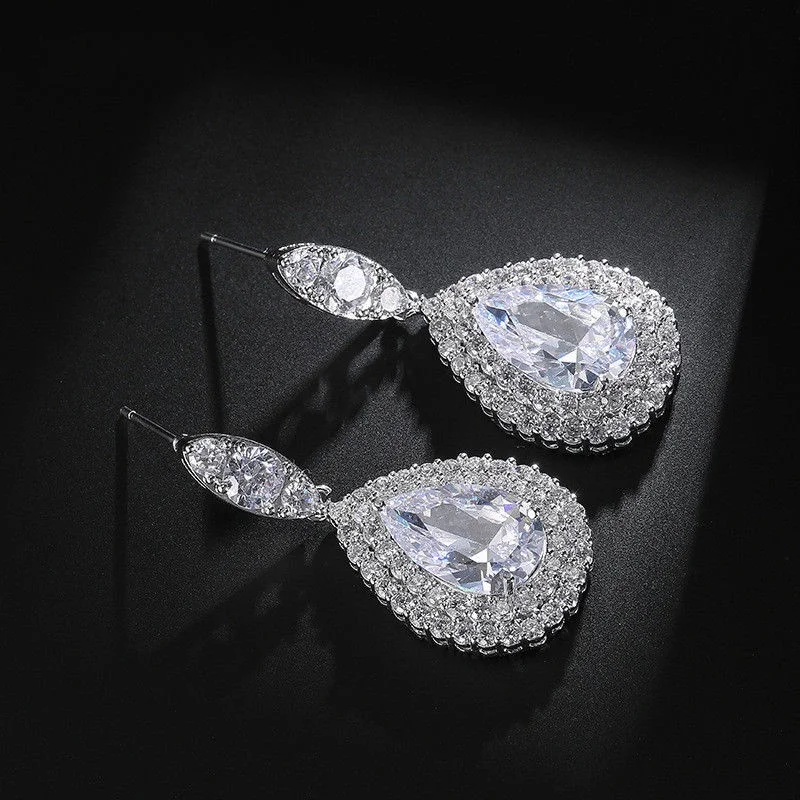 Women\'s Fashion Silver Hoop Pendant Crystal Blue Zircon Earrings Wedding Jewelry