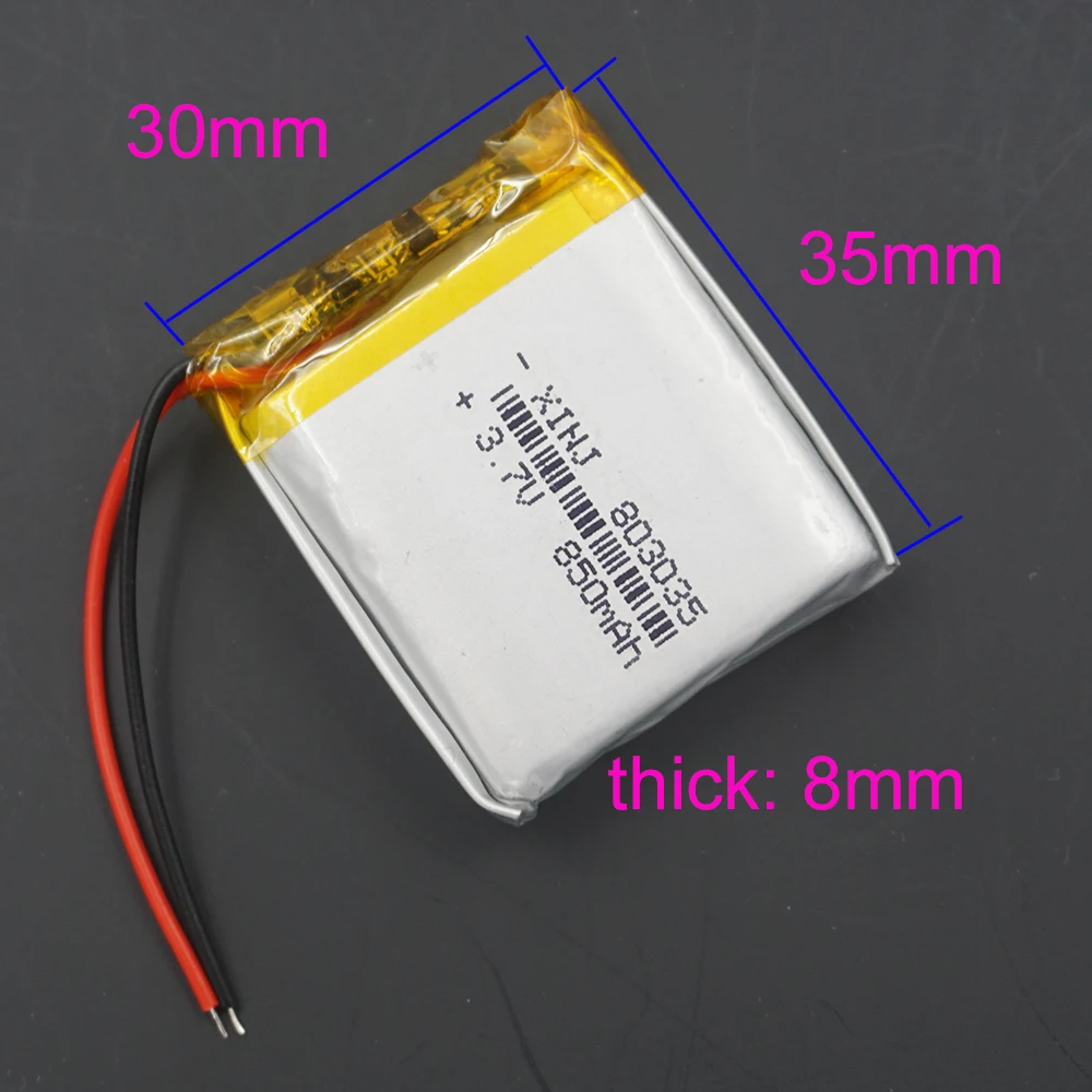 3.7V 850mAh 3.14Wh Li Lithium Battery 803035 For GPS Driving Recorder Music Player MP3 MP4 Bluetooth Speaker Telephone Camera