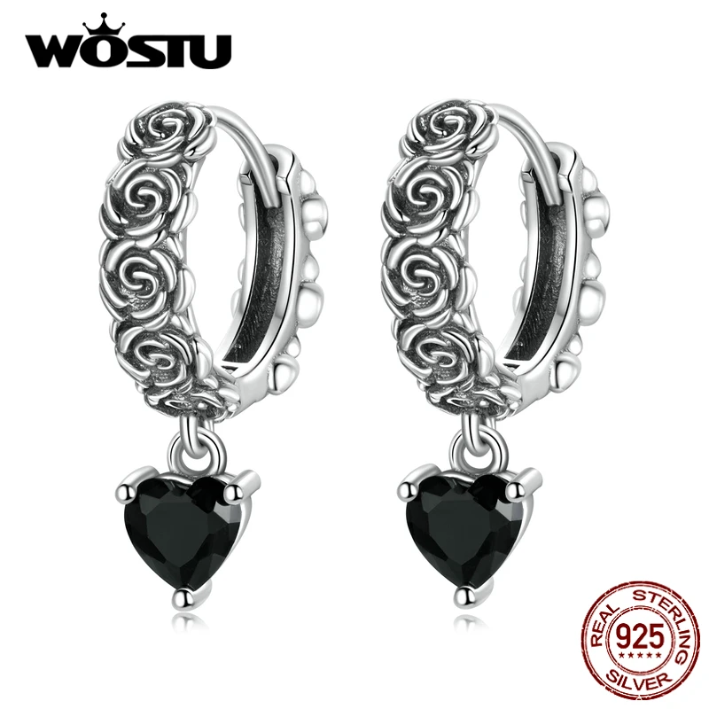 WOSTU 925 Sterling Silver Dark Style Vintage Dark Night Rose Heart Love Drop Earrings For Women Party Earrings Jewelry CTE535