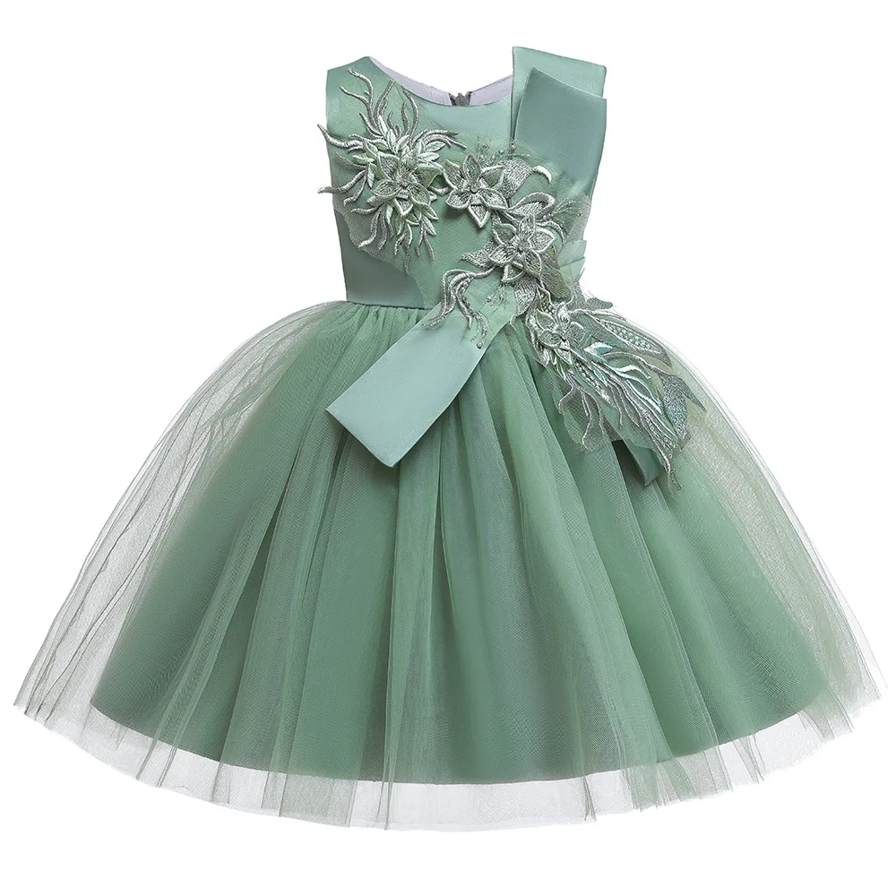 Robe à fleurs pour filles, ligne a, élégante, brodée, délicate, pour fête d'anniversaire, mariage, tulle, vert, argent, bleu, rouge