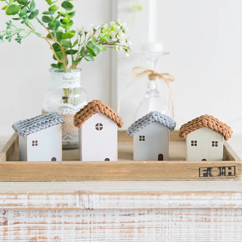 Nordic Wooden House Ornaments Home Decoration Wood Architecture with Woven Proof Cute Desk Miniature Craft Work Nursery Decor