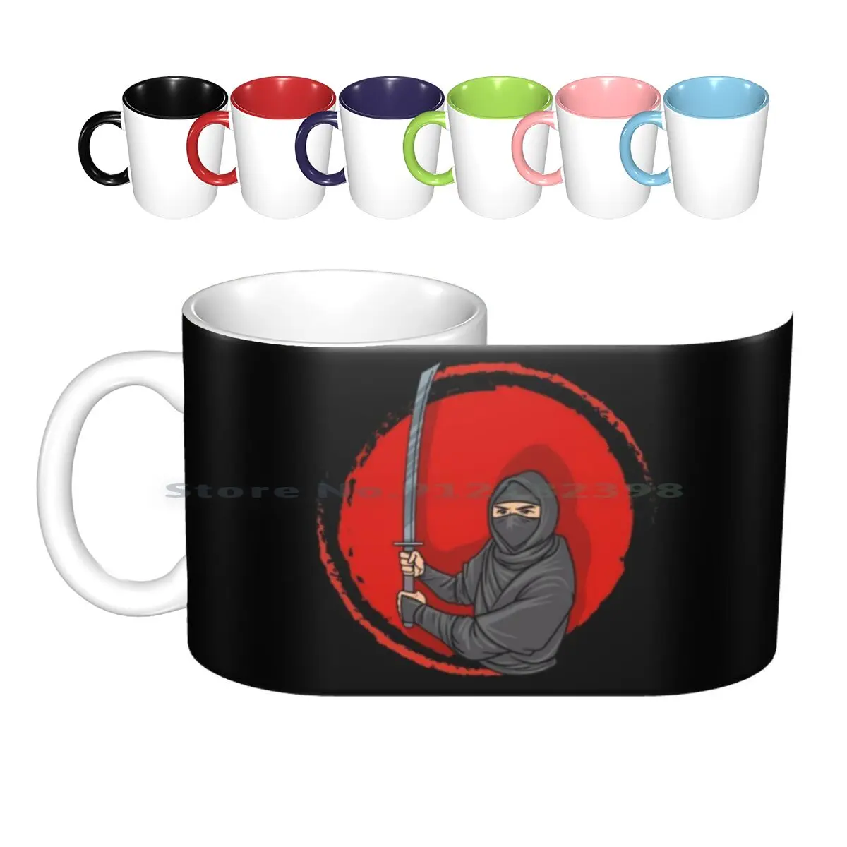 Hand Drawn Black Character With Sword Ceramic Mugs Coffee Cups Milk Tea Mug Black Fighter Black Japanese Fighter Martial Arts