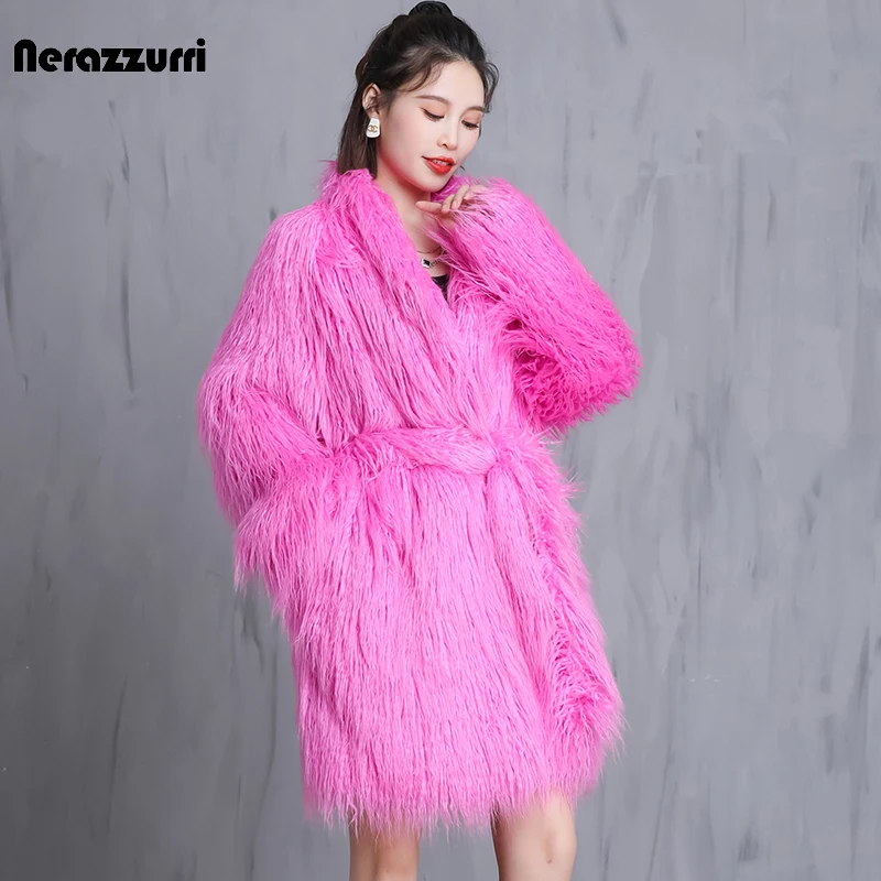 Nerazzurri Winter Hot Pink Warm Oversized Shaggy Fuzzy Hairy Faux Fur Coat Women Belt Stylish Colored Loose Korean Fashion 2021