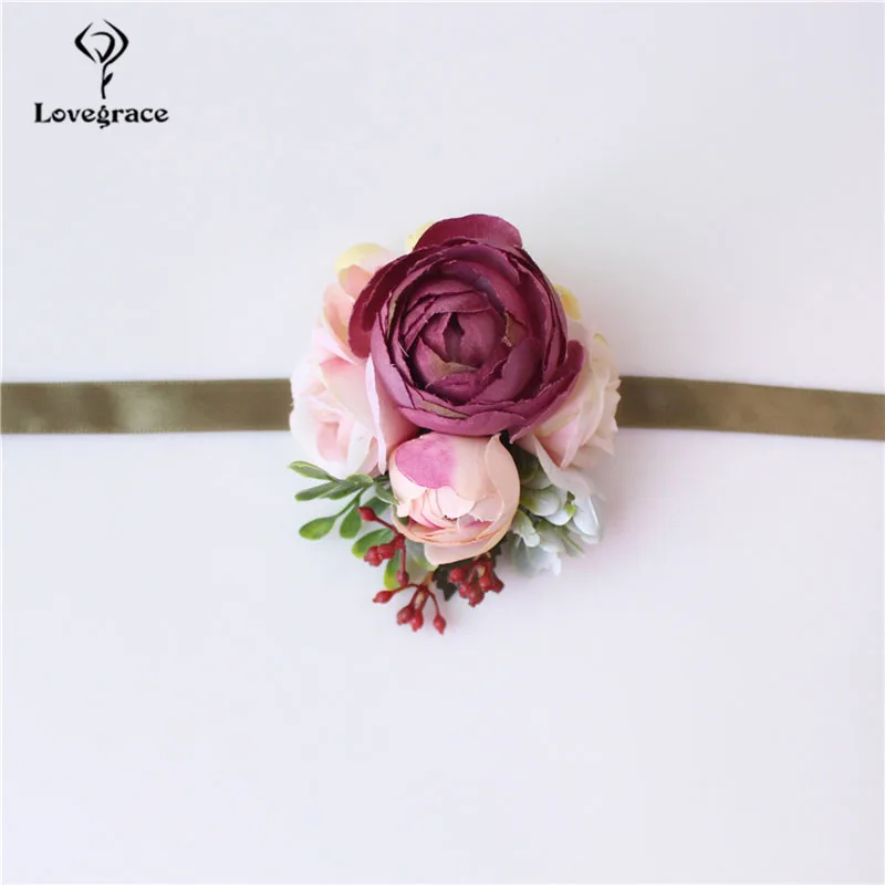 Lovegrace Corsage Groom Boutonniere Pin Bride Wrist Corsage Burgundy Champagne Silk Bracelet Men Prom Wedding Flower Accessories