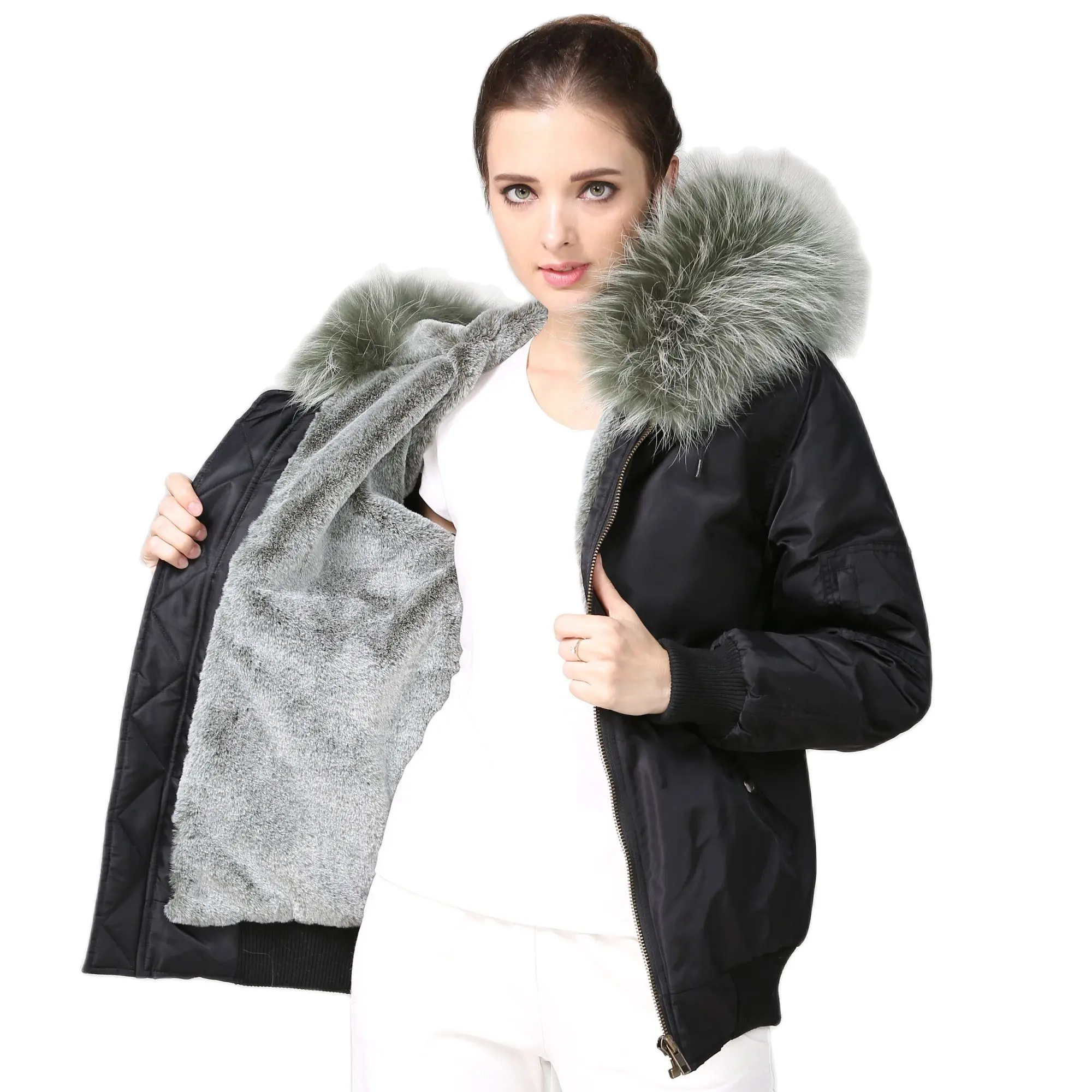 

Black Athletic Fur Bomber Jacket Trendiness Clothing Wholesale Overcoat With Hooded