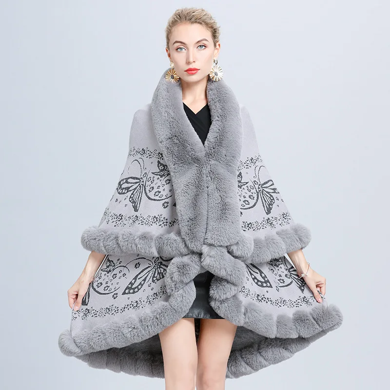 

Winter Faux Fox Fur Cardigan Warm Poncho Loose Cape Knitted Shawl Overcoat Oversize Women Two Layers Jacquard Weave Thick Cloak