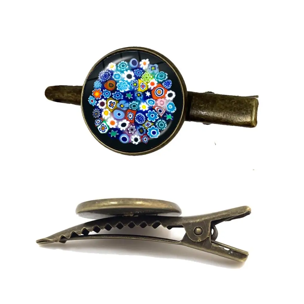 Murano Millefiori Tie Clip MultiColour Flower 16mm Glass Cabochon Antique Bronze Tie Clasp For Men Shirt Gift Wholesale