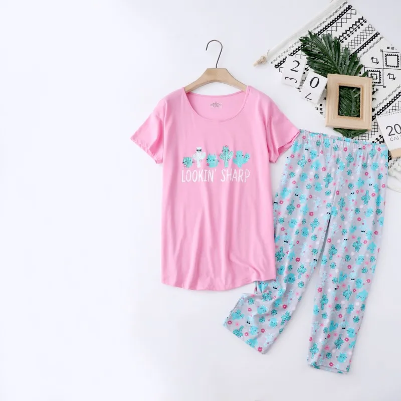 Conjunto de pijama informal de dibujos animados para mujer, ropa de dormir de algodón, traje de cuello redondo, hasta la pantorrilla camiseta y pantalones, verano 2024