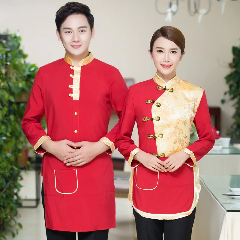 Chinese Traditionele Restaurant Zwart Lange Mouwen Werk Shirt en Schort Set Hot pot Winkel Ober Uniformen Hotel Werken Kleding