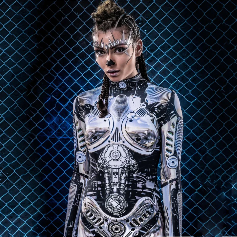 

Autumn Halloween Machine Skeleton Digital Printing Women's Slim Long Sleeve Impersonation Costumes Robot Punk Sexy Jumpsuit 2022