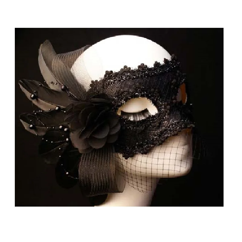 

Beauty Masquerade Lace Feather Flower Black Princess Halloween Mask