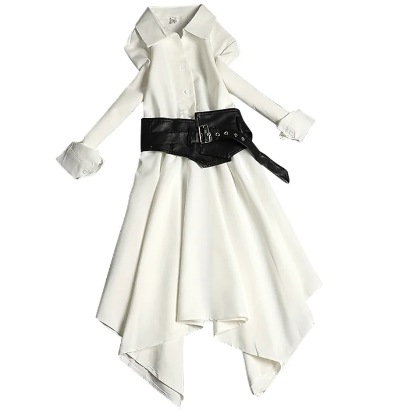 Spring Autumn Shirt Dress For Women With Black Bandage Vest Two Piece Slim Asymmetrical Dress