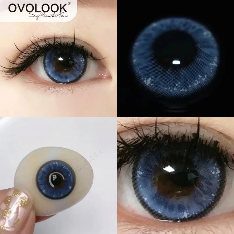 OVOLOOK-2pcs/pair Blue Lenses Naturl Pupil Colored Lenses for Eyes Beauty Contact Lenses Eye Color Lens for Myopia Yearly 14.2mm