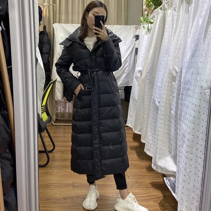 90% White Duck Down Jacket Women Long NICE Over Knee Winter Warm Lightweight Parka Hooded Windproof Female Coat