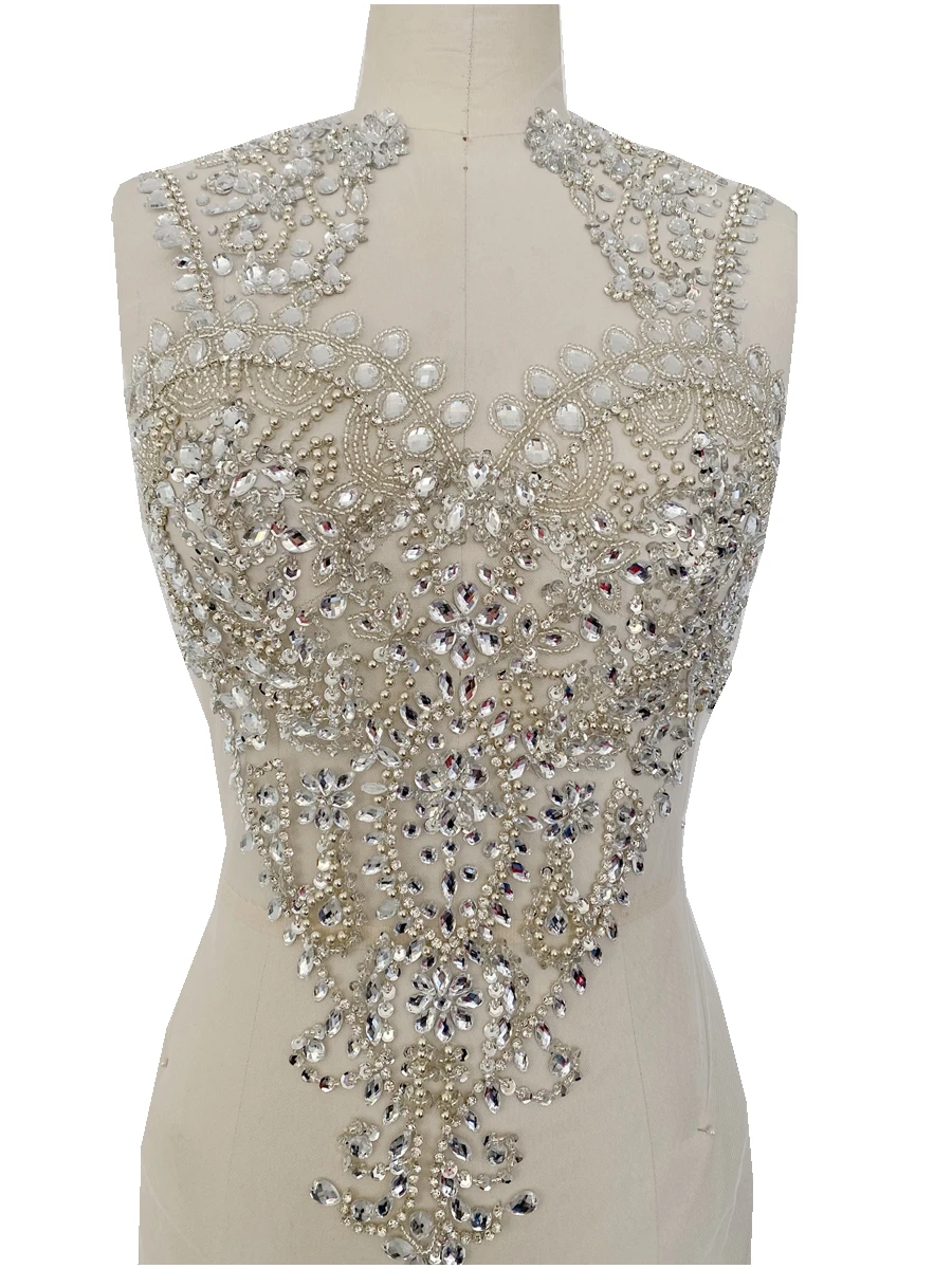 Handmade silver rhinestones applique on mesh sew on crystal beads full bodice patches for dress