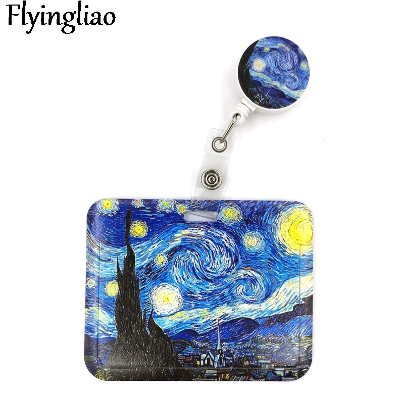 Van gogh Oil Painting Starry Sky Fashion Women Card Holder Lanyard Colorful Doctor Student Exhibition Card Clips Badge Holder