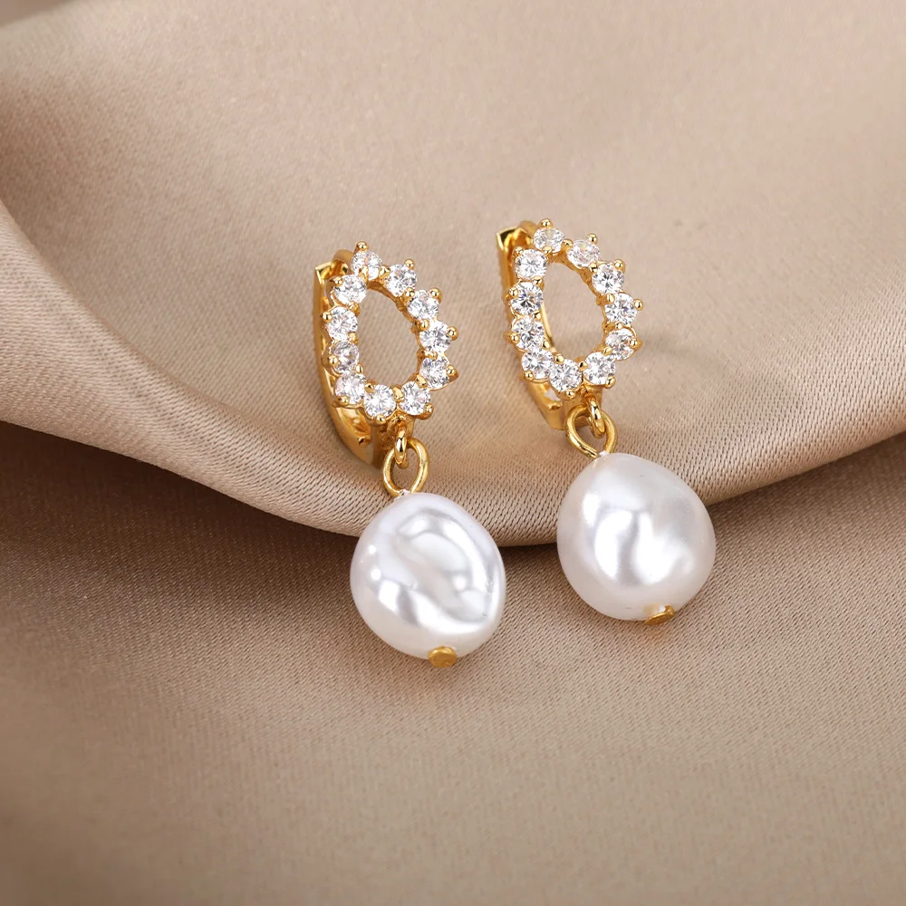 Vintage Irregular Pearl Earrings for Women Zircon Circle Earrings Geometric Gold Pendant Earrings Trend Fashion Jewelry Gift