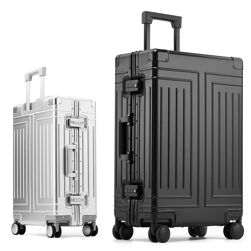 Letrend Retro Black Aluminium Spinner Rolling Luggage Cabin Suitcases Wheels Vintage Trolley Men Carry On Travel Bag Trunk