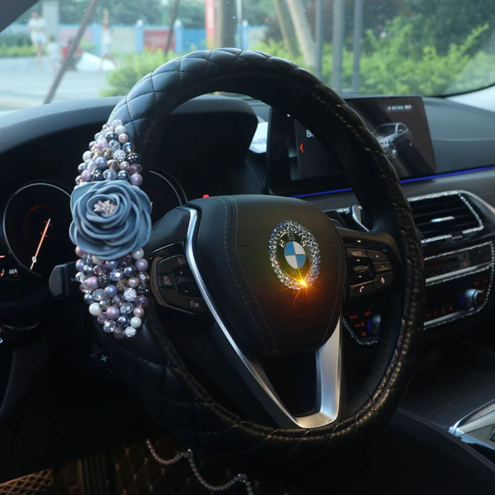 38cm Women Girl Car Steering Wheel Cover with Delicate Flowers Breathable PU Leather Plush Anti-Skip for BMW Car Styling