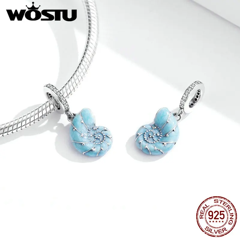 WOSTU Summer New 100% 925 Sterling Silver Blue Conch Pendant Charm fit DIY Beads Bracelet Necklace Jewelry Making Gift CQC1560