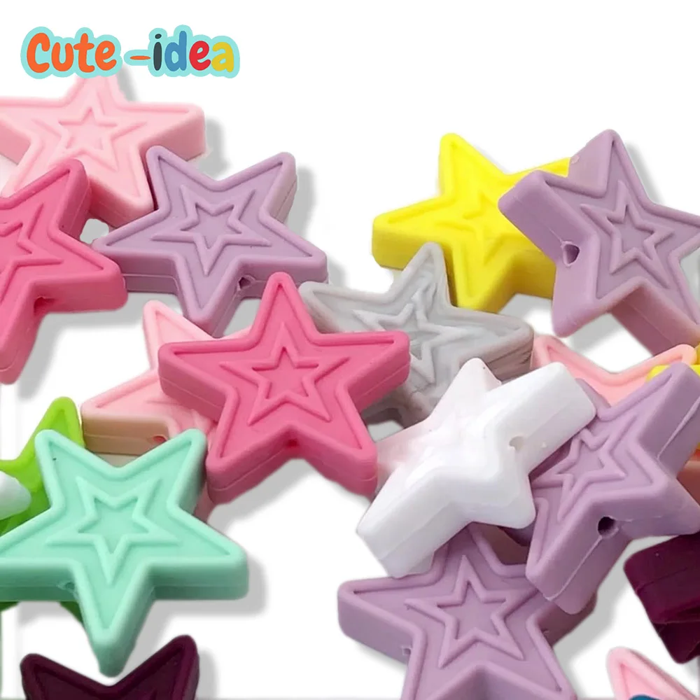 Cute-idea 10pcs Pentagram Food Grade BPA Free Silicone Star Teether Loose Beads DIY  Baby Teething Necklace Bracelet kids toys