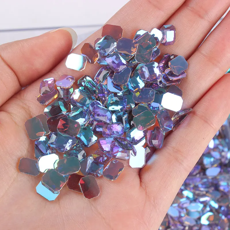 30Pcs Nail Art Rhinestones Holo Flat Shaped Elongated Teardrop Rectangle Phantom Purple Stones For 3D Nails Decorations