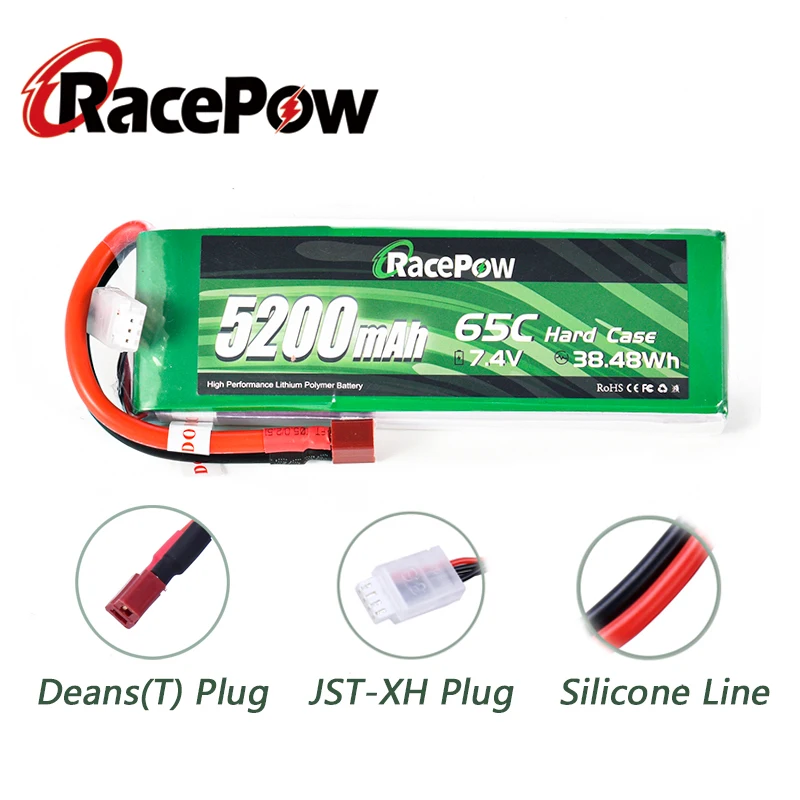 RacePow 5200mAh 7.4V 2S 65C RC Lipo Battery with T Deans Plug for RC Car Drone Helicopter RC parts Rechargeable battery 2 units