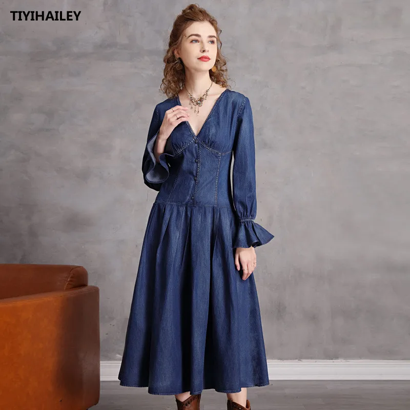 TIYIHAILEY Free Shipping 2022 New Full Flare Sleeve Long Mid-calf Denim Dress One-piece Women Vintage V-neck S-XL Spring Autumn