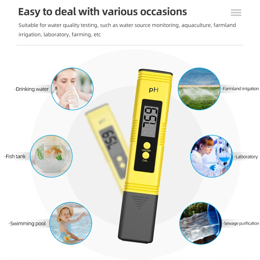 Digital PH Medidor Tester para a Qualidade da Água, Alimentos, Aquário, Piscina Hidroponia, Grande Display LCD, Tamanho de Bolso, 0.01