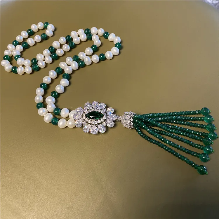 

28" Cultured White Pearl And Agate Green CZ Pave Pendant