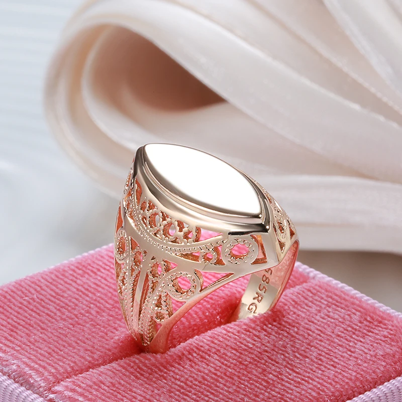 Kinel New Design 585 Rose Gold Glossy Rings Christmas Gift Fashion Rhombus Hollow Flower Women Jewelry Ethnic Wedding Ring