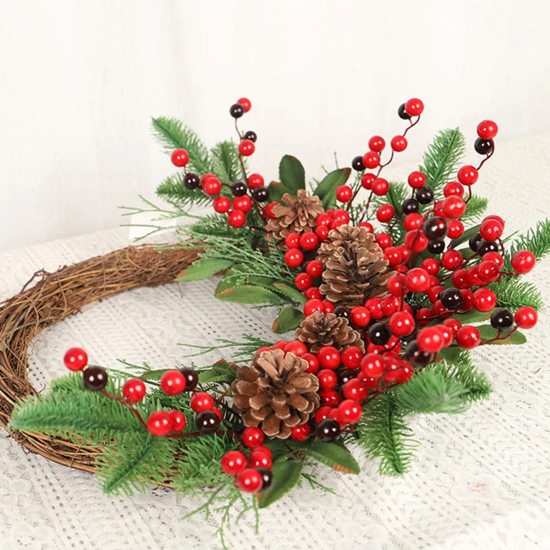 Christmas Rattan Wreath Pine Natural Branches Berries&Pine Cones  Christmas Wreath Supplies Home Door Decoration For New Year\'s