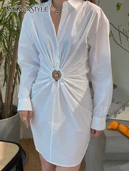 TWOTWINSTYLE Casual Plain White Dress For Women Lapel Long Sleeve Cut Out Loose Mini A Line Dresses Female 2021 Summer Clothing