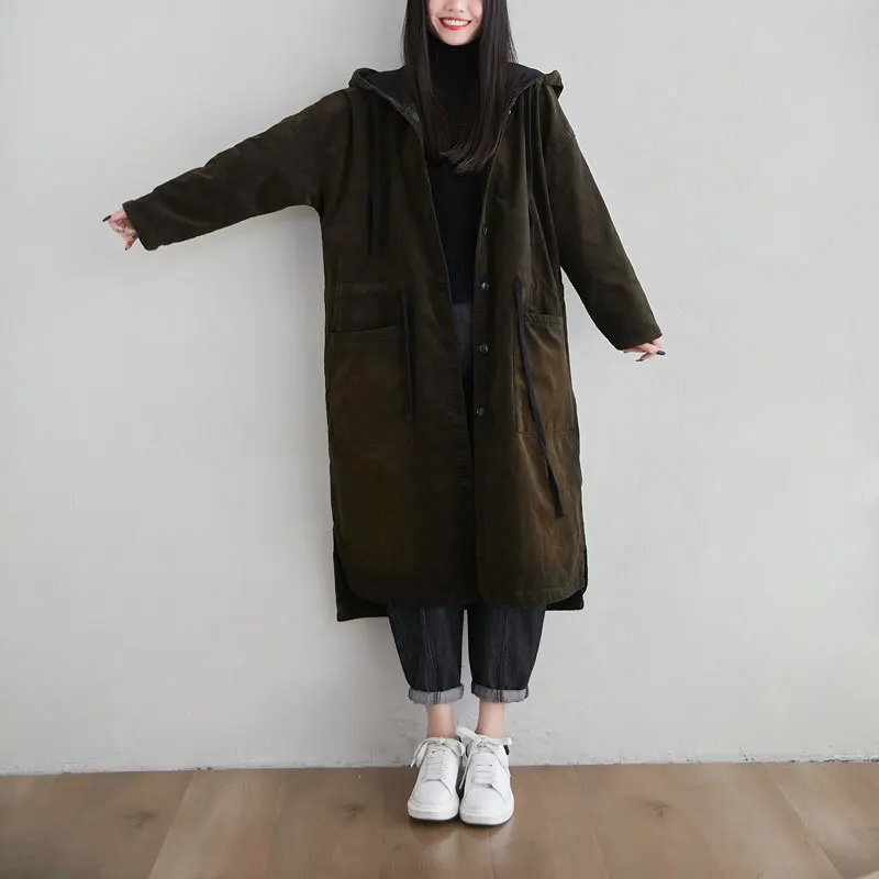 Women\'s Loose Thick Winter Corduroy Coat, Casual Fleece Hooded Cardigan, Large Size, Baggy Warm Wadded Coat, Chinese Style