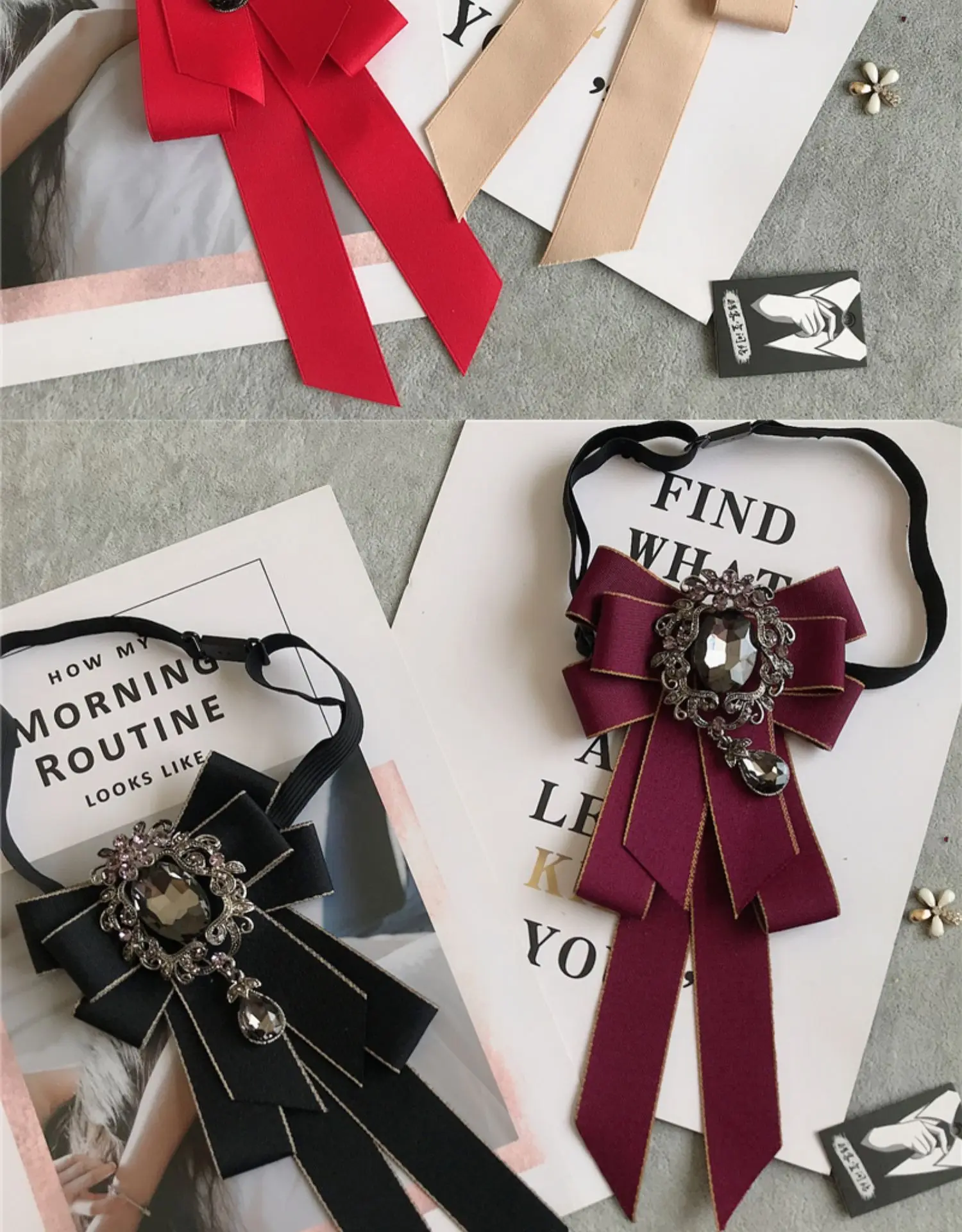 Strass-Schleifenkrawatte für Damen – Abschlussfeier, Foto-Requisite, Schuluniform, Schleifenband, süße, literarische und künstlerische Karo-Schleifenkrawatte, Kragenblume – Detail 3