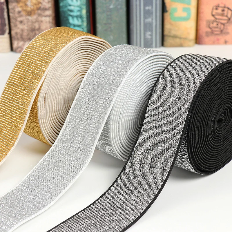 5/10meters 25-50mm Gold Silver Silk Elastic Band Polyester Rubber Webbing DIY Waistband Skirt Belt Sewing Accessories