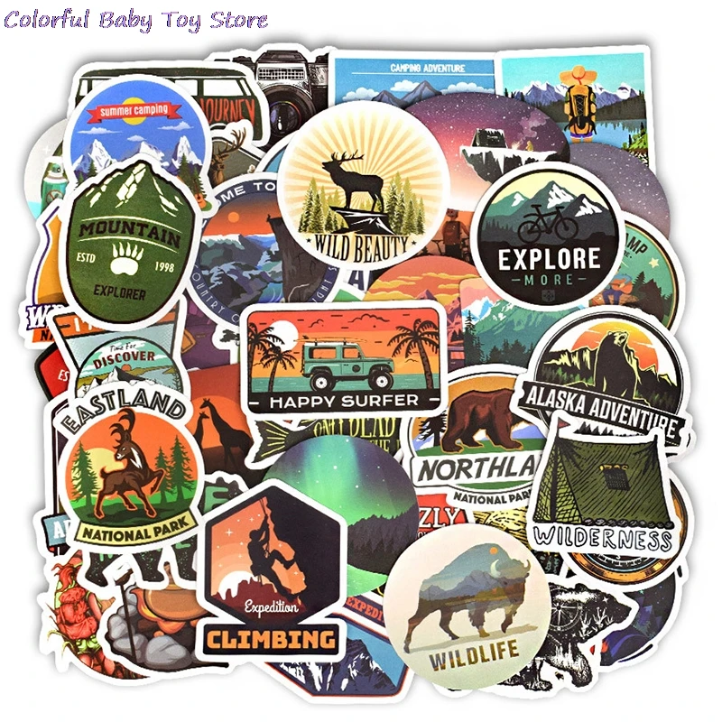 50 PCS Camping Landscape Stickers Outdoor Adventure Climbing Travel Waterproof Sticker to DIY Suitcase Laptop Bicycle Helmet Car