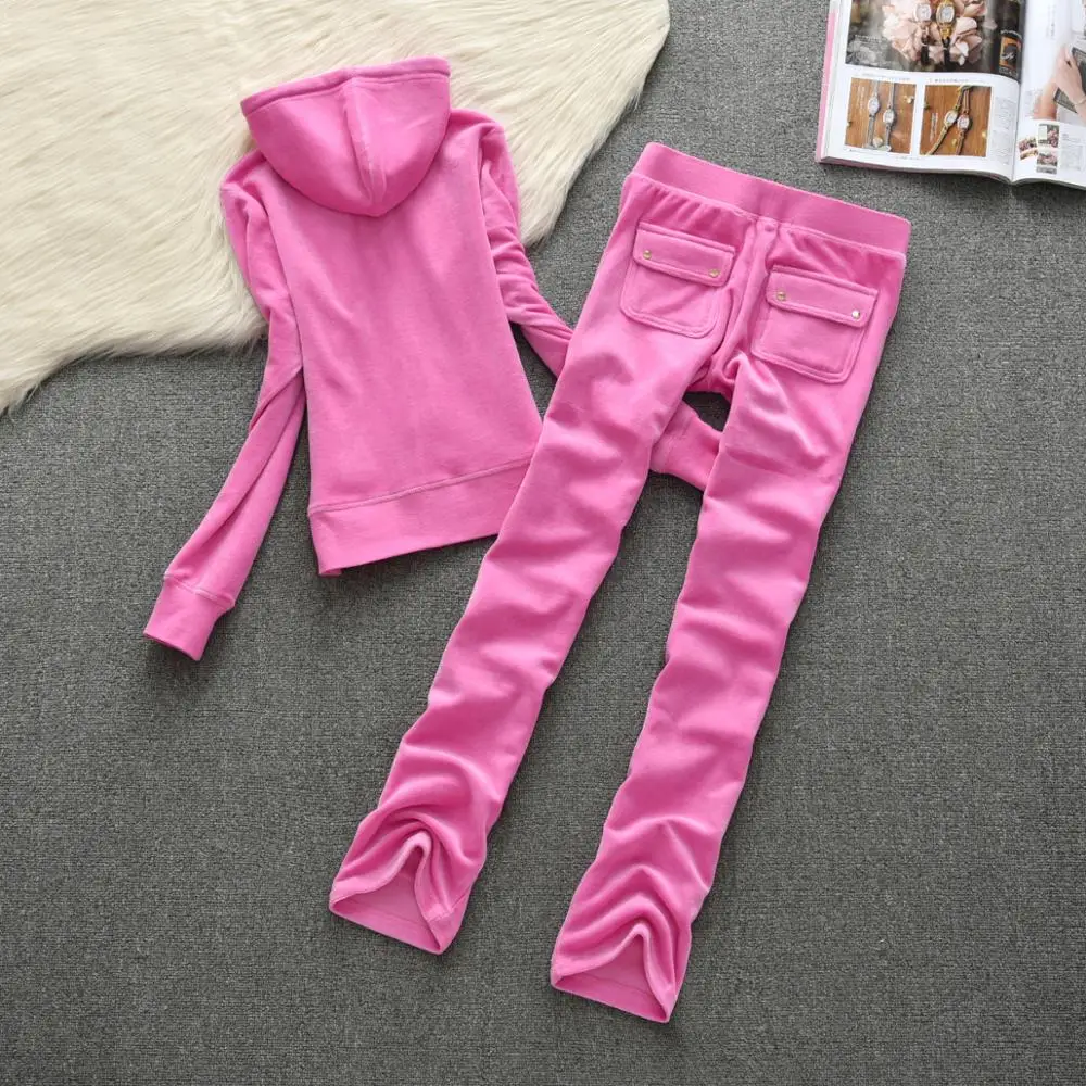 

Juicy Lovers Brand Women Sporting Suits Set Velvet Straight-Leg Pant Casual Tracksuits Hooded Collar Solid Women Sportswear Suit