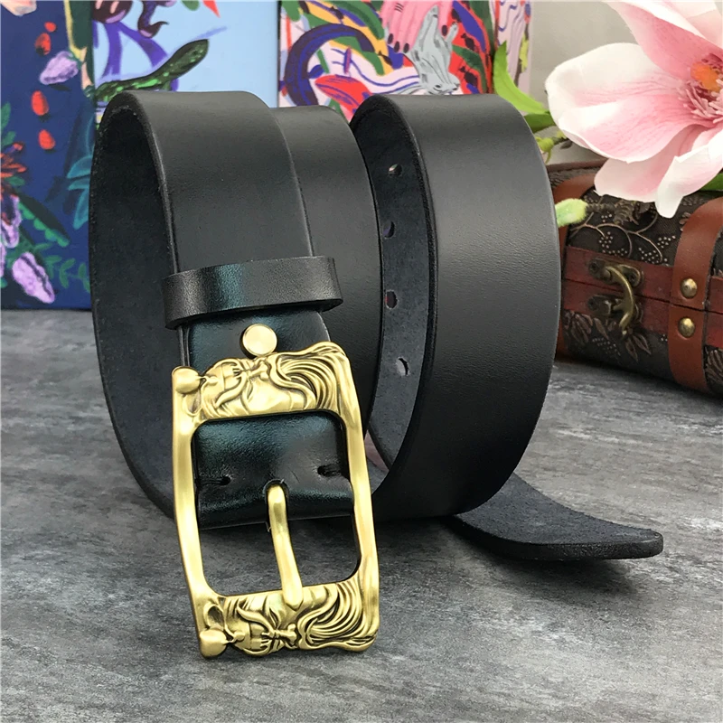 Cowboy Solid Brass Buckle Men Belt Personalized Double Face Buckles For Men Leather Belt Wide Yellow Belt Ceinture Riem MBT0115