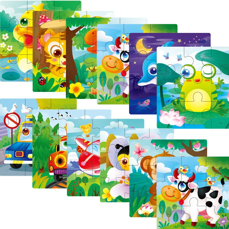 9 PCs Wooden Non-Bottom Frame Small Puzzle Infants Children Early Childhood Educational Cartoon Animal Traffic Anime Jigsaw Puzz