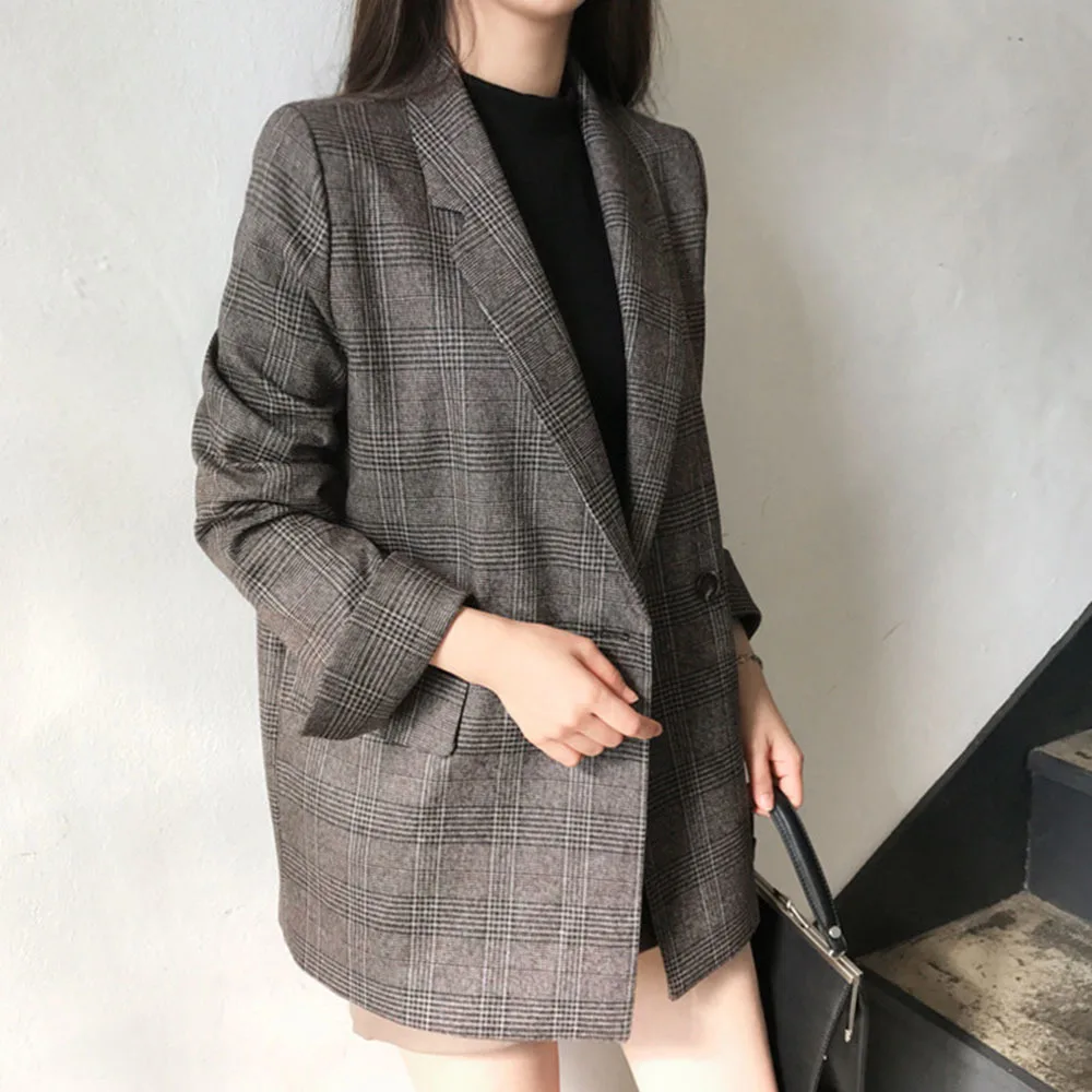 2023 Spring Winter Korean Style Loose Retro Women\'s Blazers Plaid Double Breasted Pockets Formal Jackets Checkered Outerwear Top