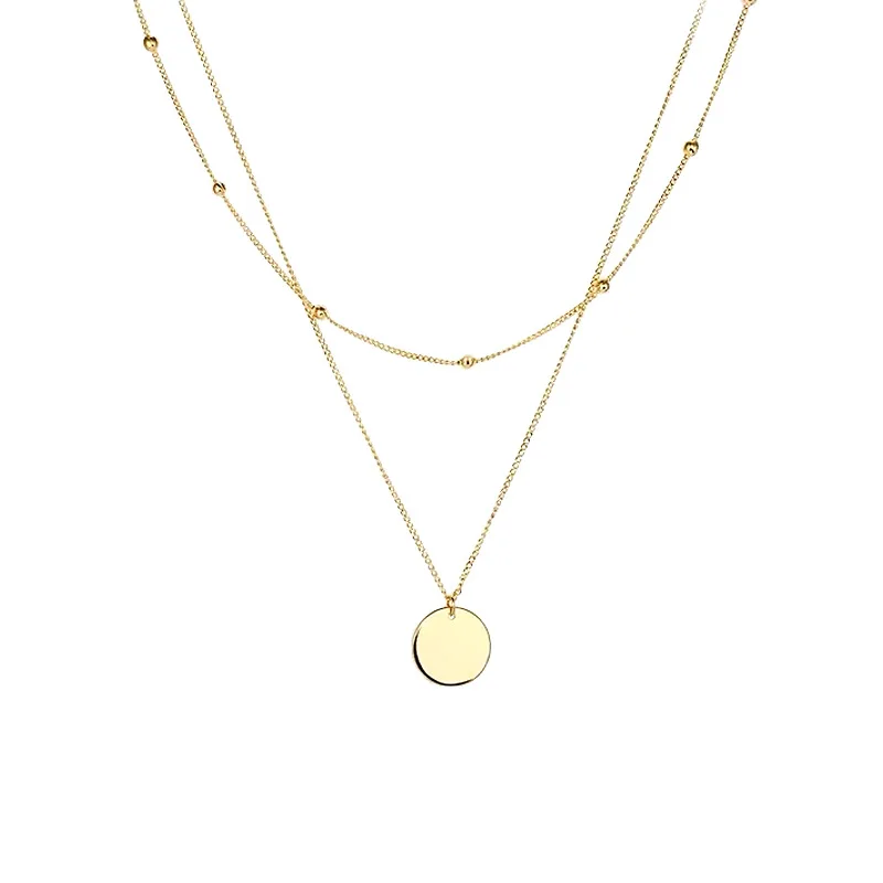 

VENTFILLE 925 Sterling Silver Double Layer Round Disc Pendant Necklace For Women Coin Short Sweater Chain Simple Party Jewelry