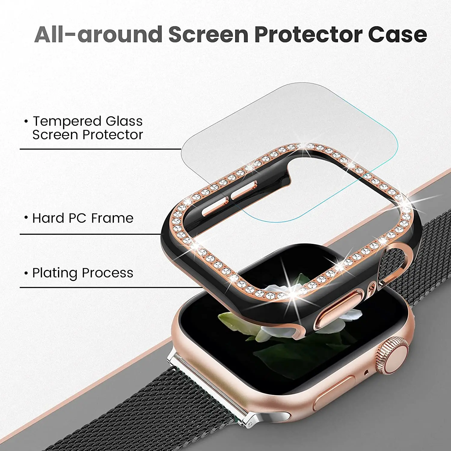 Bling Glass+Cover For Apple Watch case 45mm 41mm 40mm 44mm 42mm 38mm Diamond bumper+Screen Protector iWatch Series 9 SE 8 7 6 5