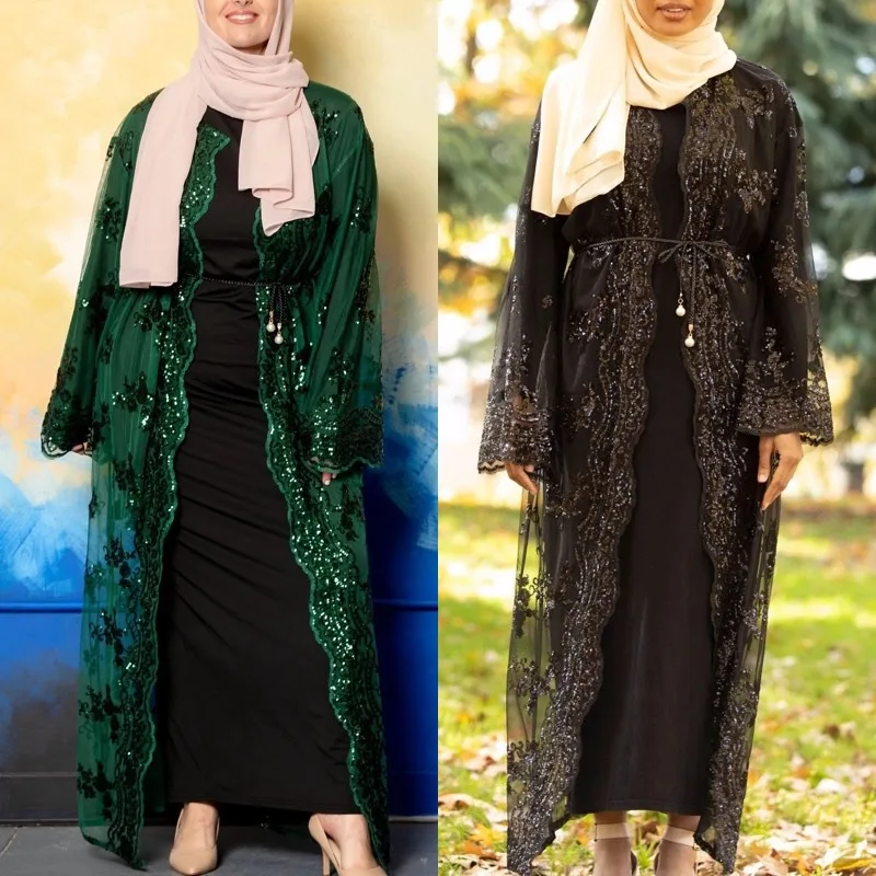 Hot Sale Simple Sequined Beading Muslim Dress Kimono Long Muslim Abayas Women Modest Wear Clothing EID Robes With Belt F3013