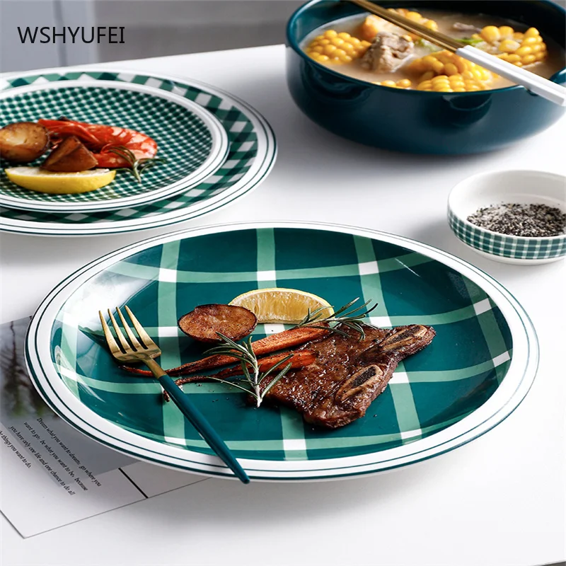 Creative Green Checkered Breakfast Plate Steak Salad Dessert Cake Sushi Plate Home Decor Pastry Fruit Plate Kitchen Tableware