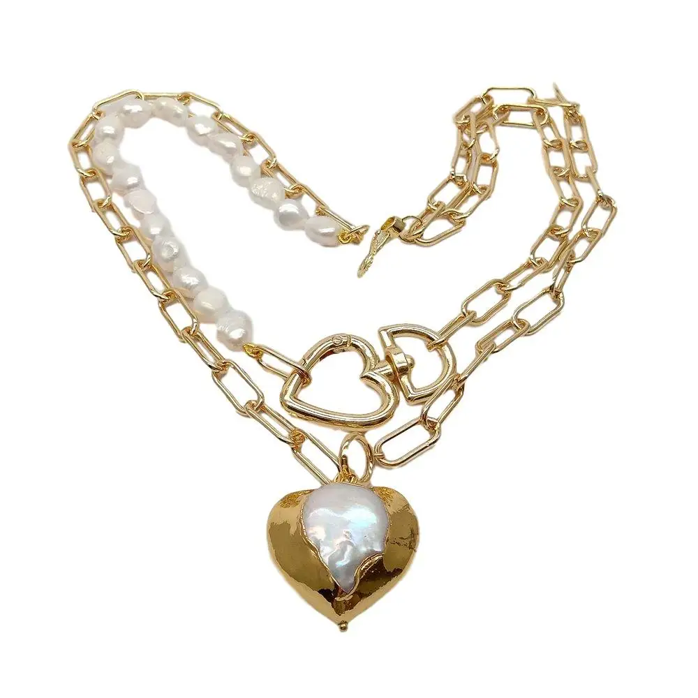 KKGEM  28x30mm Heart-Shaped Pearl Pendant  natural 2 Rows Cultured White Baroque Pearl statement Chain Necklace necklace