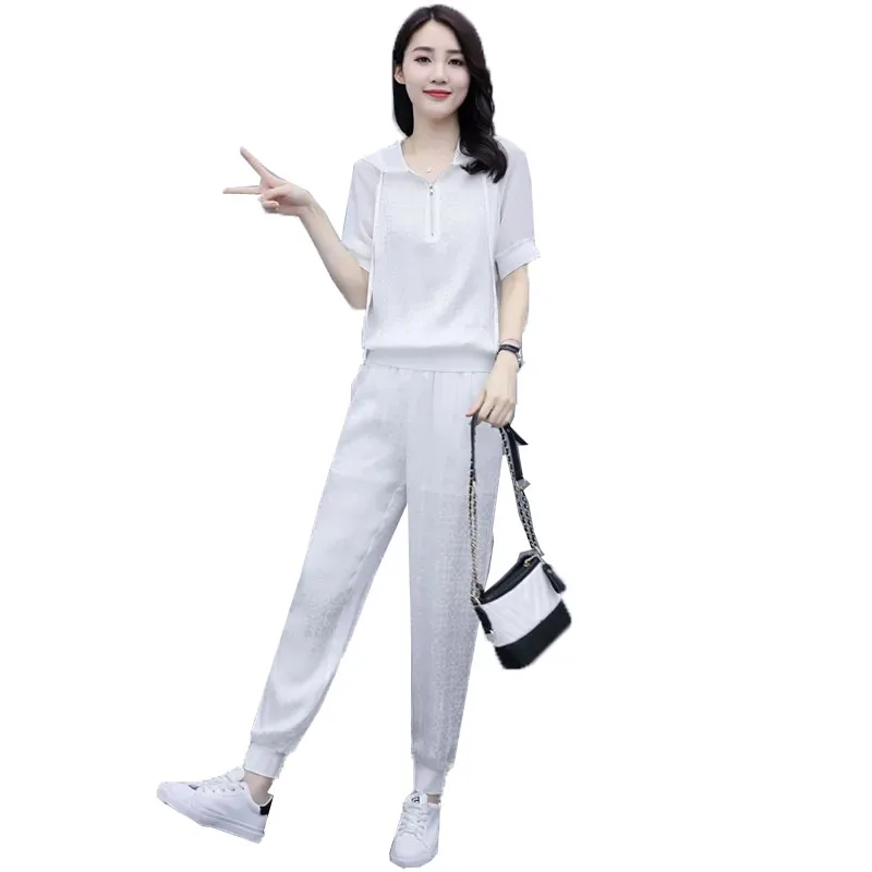 Women Hooded T-Shirt And Sports Pant Sets Female 2022 Summer New Korean Fashion Temperament Thin Two Piece Suit Elegant White