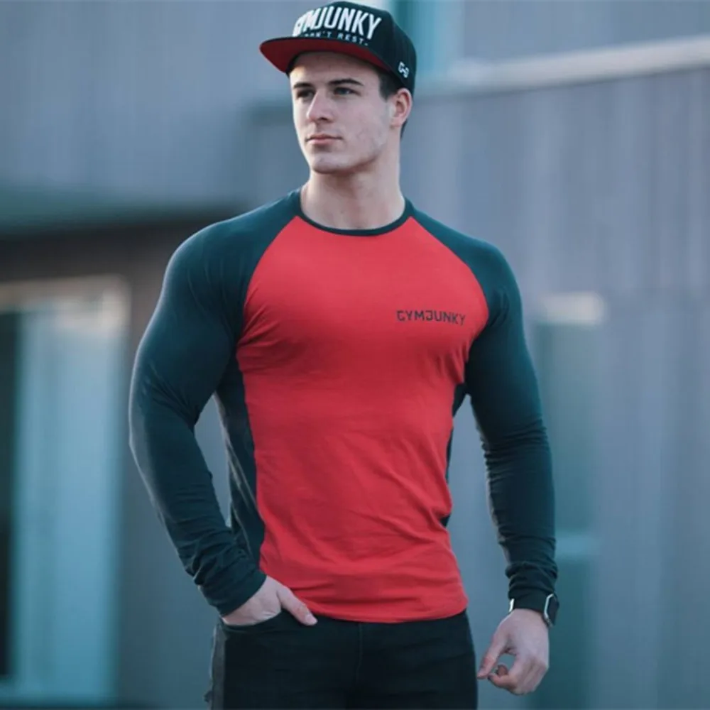 Men's Patchwork Long Sleeve New Style Running Fitness T Shirts Fashion Casual Autumn O-Neck Stretch Breathable Joggers Clothing