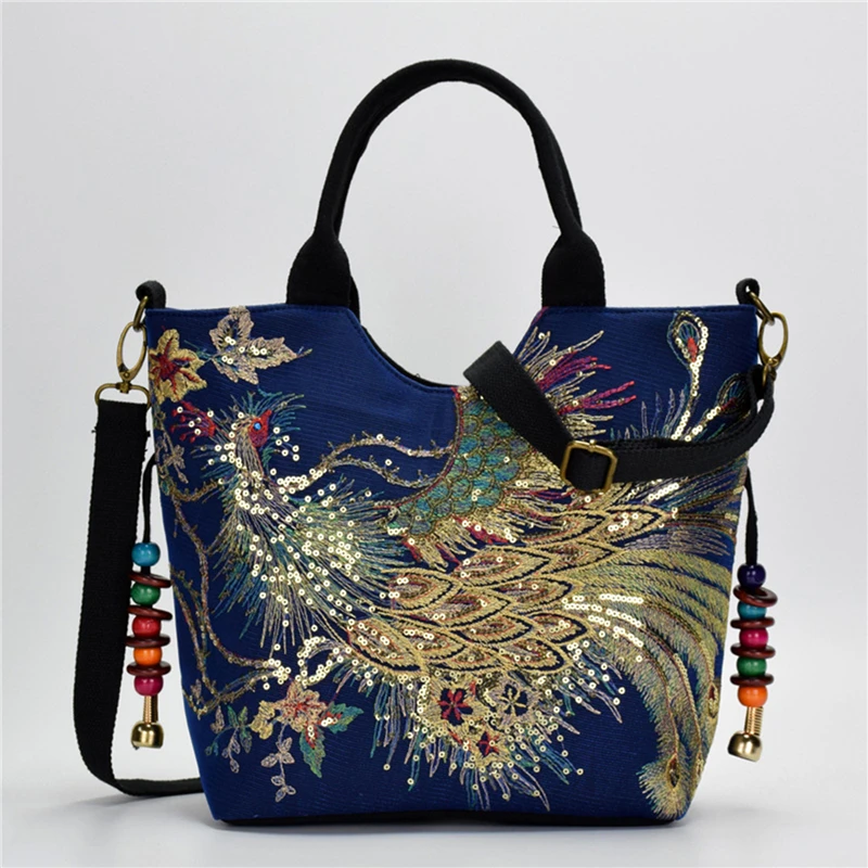 Shiny Sequins Peacock Embroidered Women Canvas Totes Bag, Summer Shopping Shoulder Bag Vintage Beaded String Handbag Black