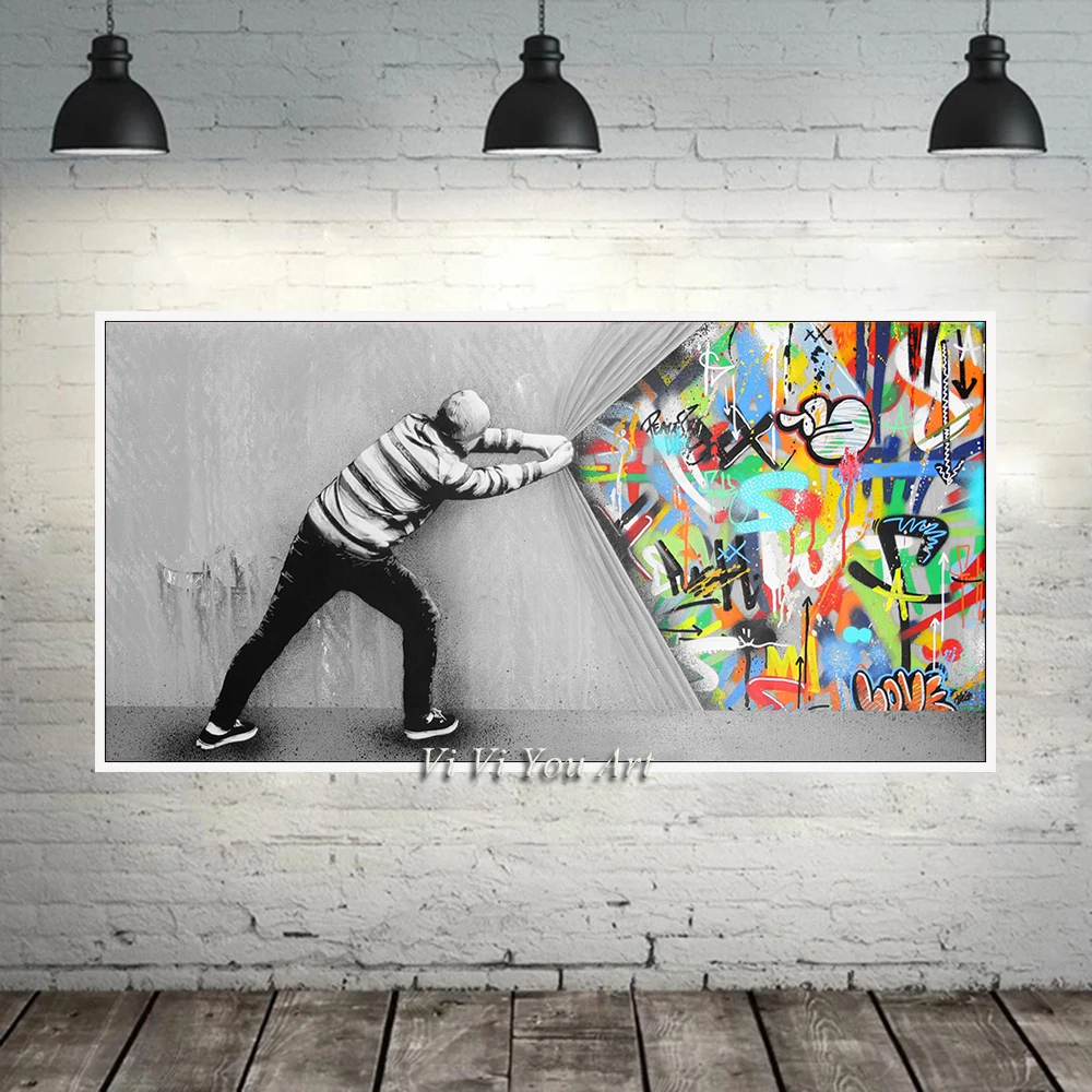 

100% Hand Painted Art Wall Pictures For living Room Behind The Curtain Street Art Canvas Paintings On The Wall Posters Quadro